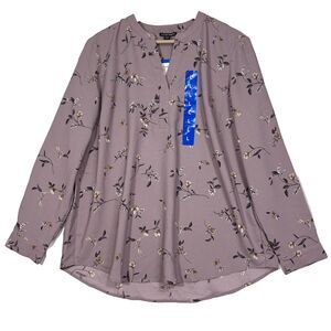 Hilary Radley Floral Split Neck Blouse Women's L Mauve Bronze Feminine NWT Gift